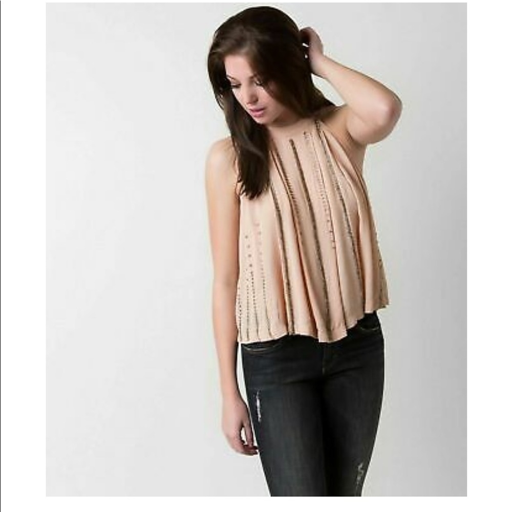 Free People Shimmer Shine Tank Top Peach Beaded Embellished Cutout